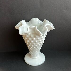 FENTON Hobnail Milk Glass Vase Ruffled Crimped Edge 1950’s Medium Size 5.5”H